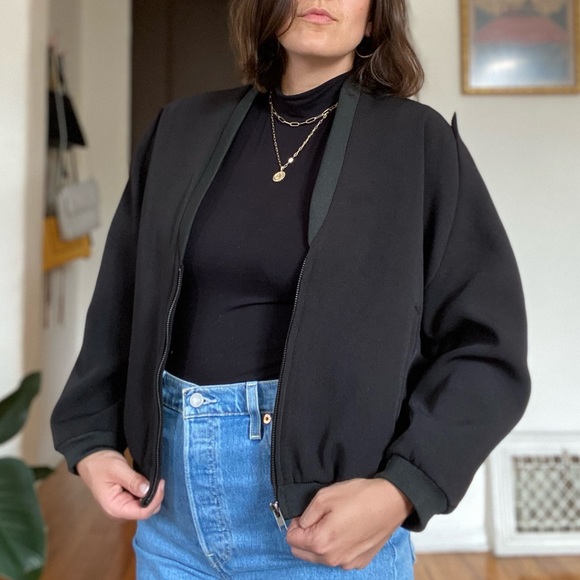 V-Neck Black Bomber Jacket - Picture 1 of 8